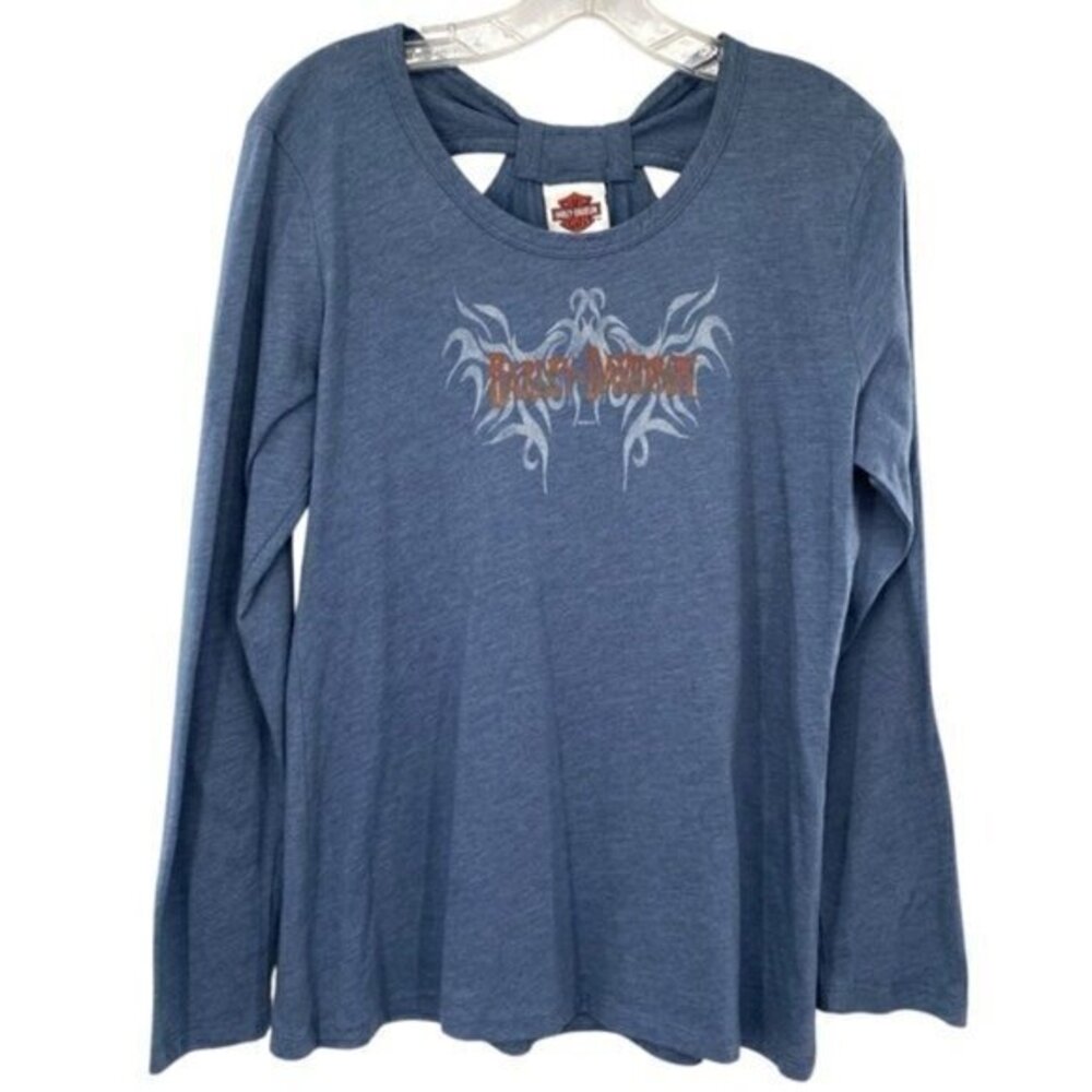 Y2K Harley Davidson Womens Blue Long Sleeve Shirt Tattoo Fairy Moto Biker